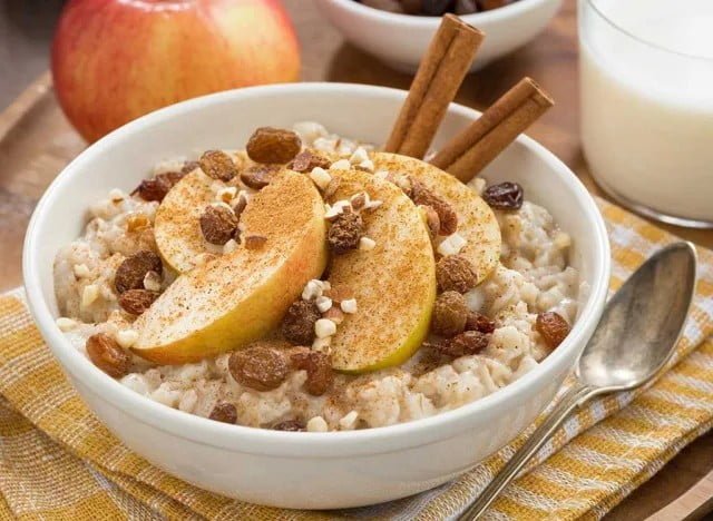oatmeal with brown sugar and peaches in natural syrup